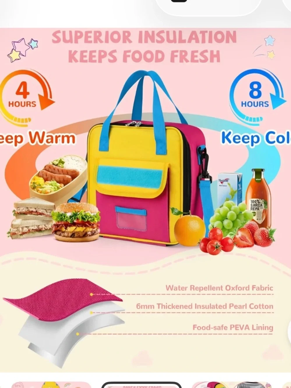 2 PACK! Kids Collapsable Lunch Boxes w/Shoulder Strap-Pink, Yellow, Blue, Green